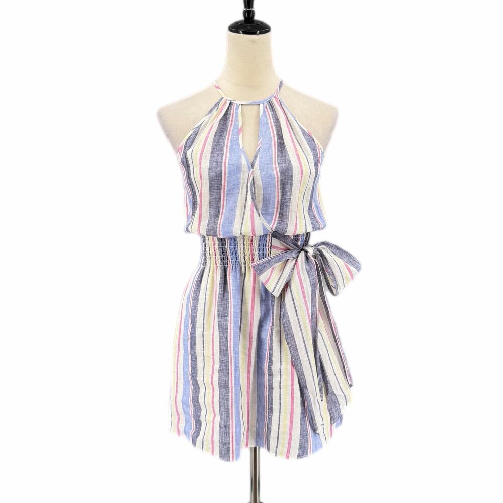 Parker Blue White Pink 100% Linen Tie Waist Halter Preppy Casual Striped Dress
